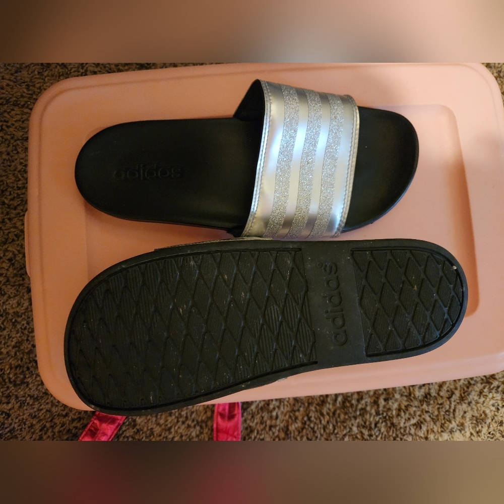 Women's Silver Adidas Slides